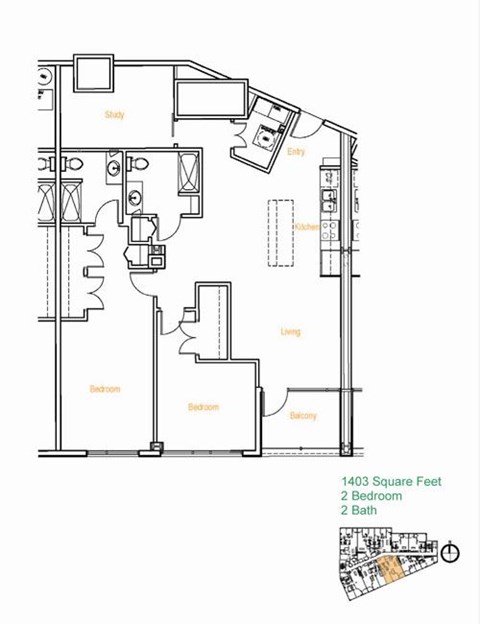 Floor plan for 2 beds, 2 baths, 1406 sqft